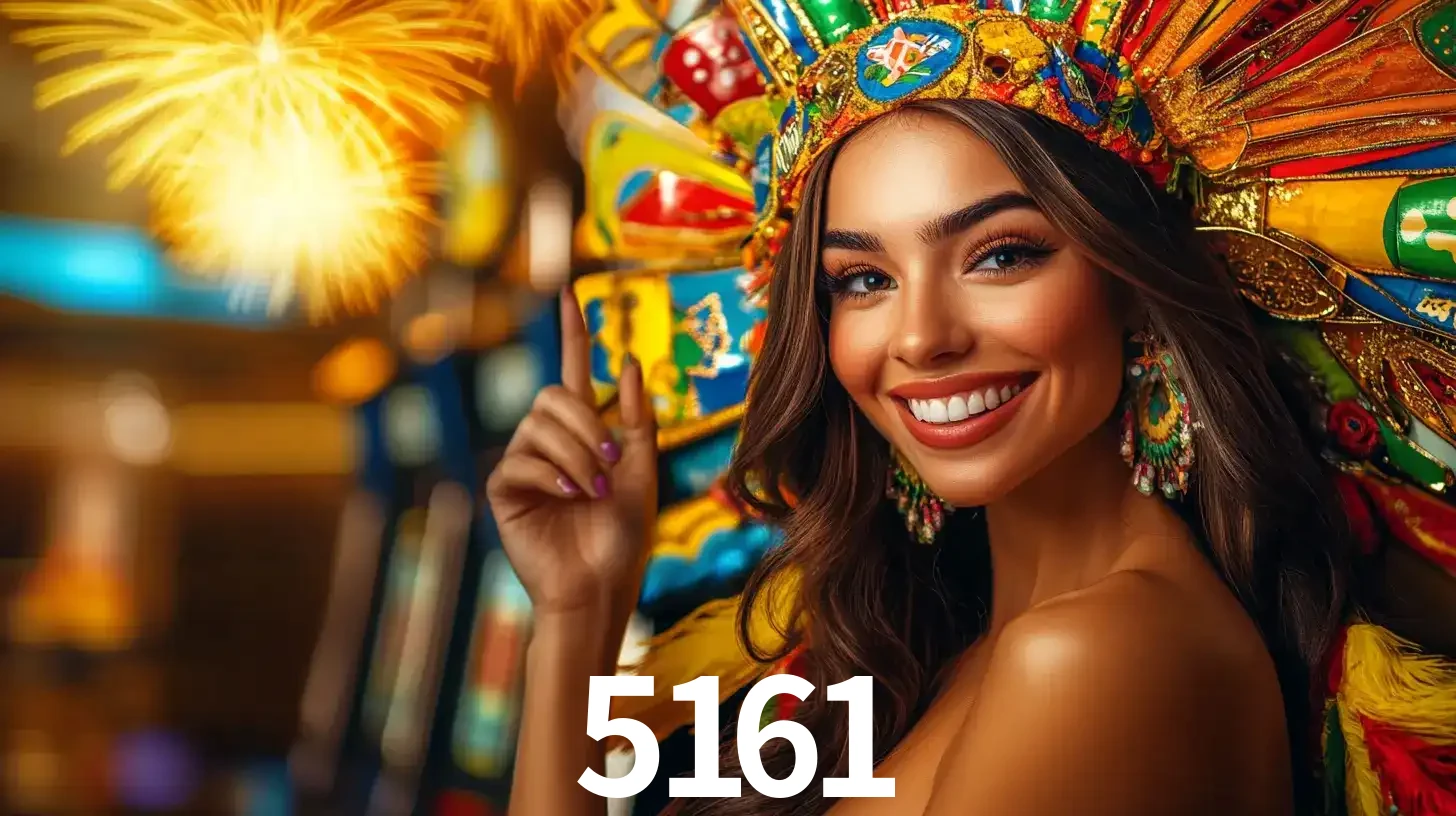Mulher sorridente com um cocar de carnaval vibrante e colorido, celebrando uma grande vitória nos jogos do cassino 5161 com fogos de artifício ao fundo.
