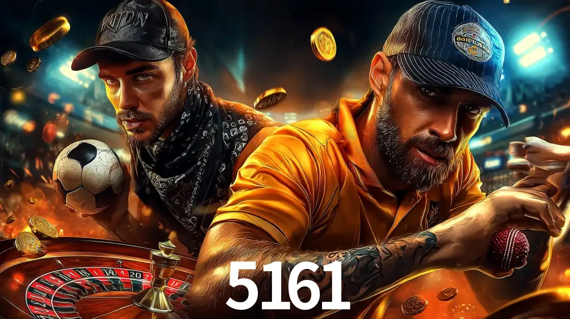 Montagem de apostas esportivas e cassino no 5161, com um homem segurando uma bola de futebol e outro uma de beisebol sobre uma roleta e moedas voadoras.