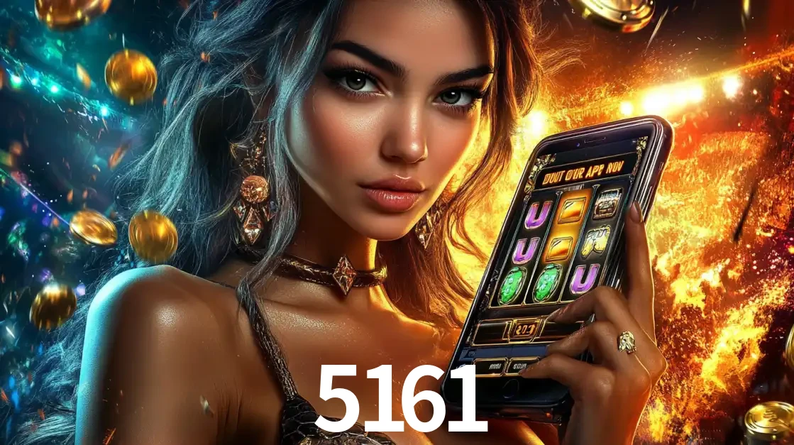 Mulher elegante mostrando um jogo de caça-níqueis em seu smartphone, destacando a experiência de cassino móvel oferecida pelo aplicativo 5161.