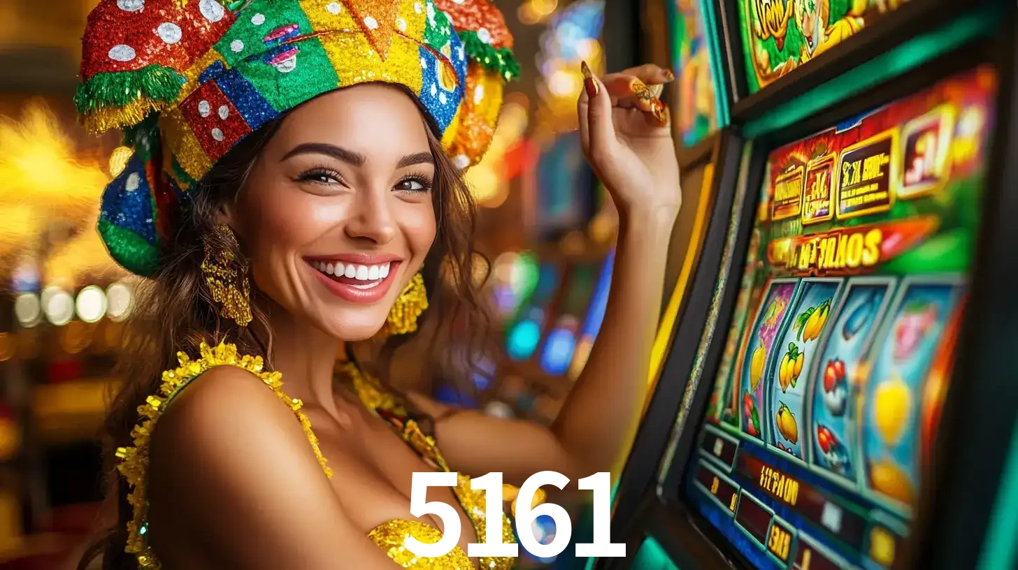 Mulher feliz com traje de carnaval amarelo e colorido ao lado de uma máquina de caça-níqueis, aproveitando a diversão e os jogos temáticos do cassino 5161.