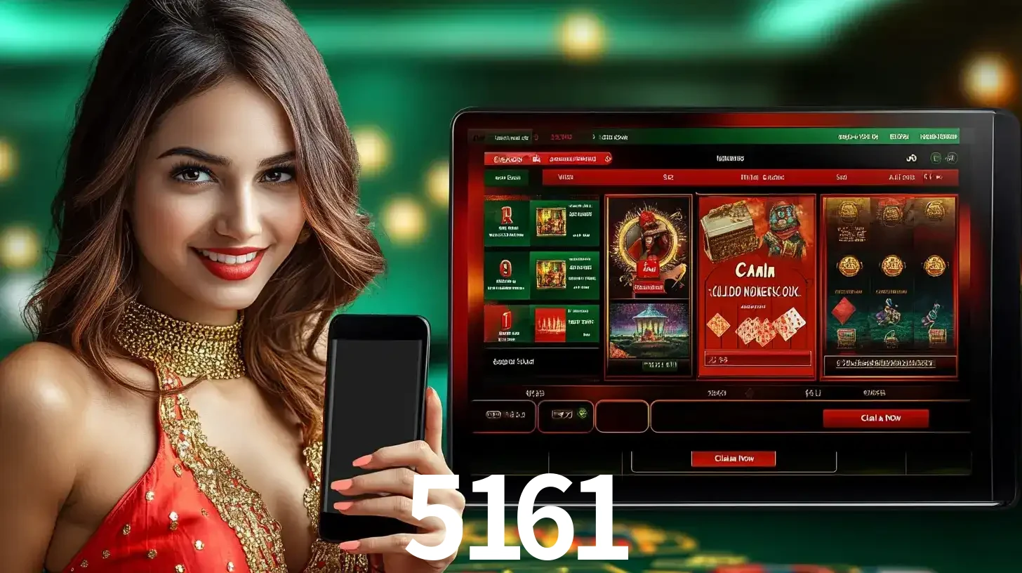 Mulher sorridente segurando um smartphone, ao lado de uma tela exibindo o lobby de jogos do cassino online 5161, com várias opções de jogos de cartas e slots.